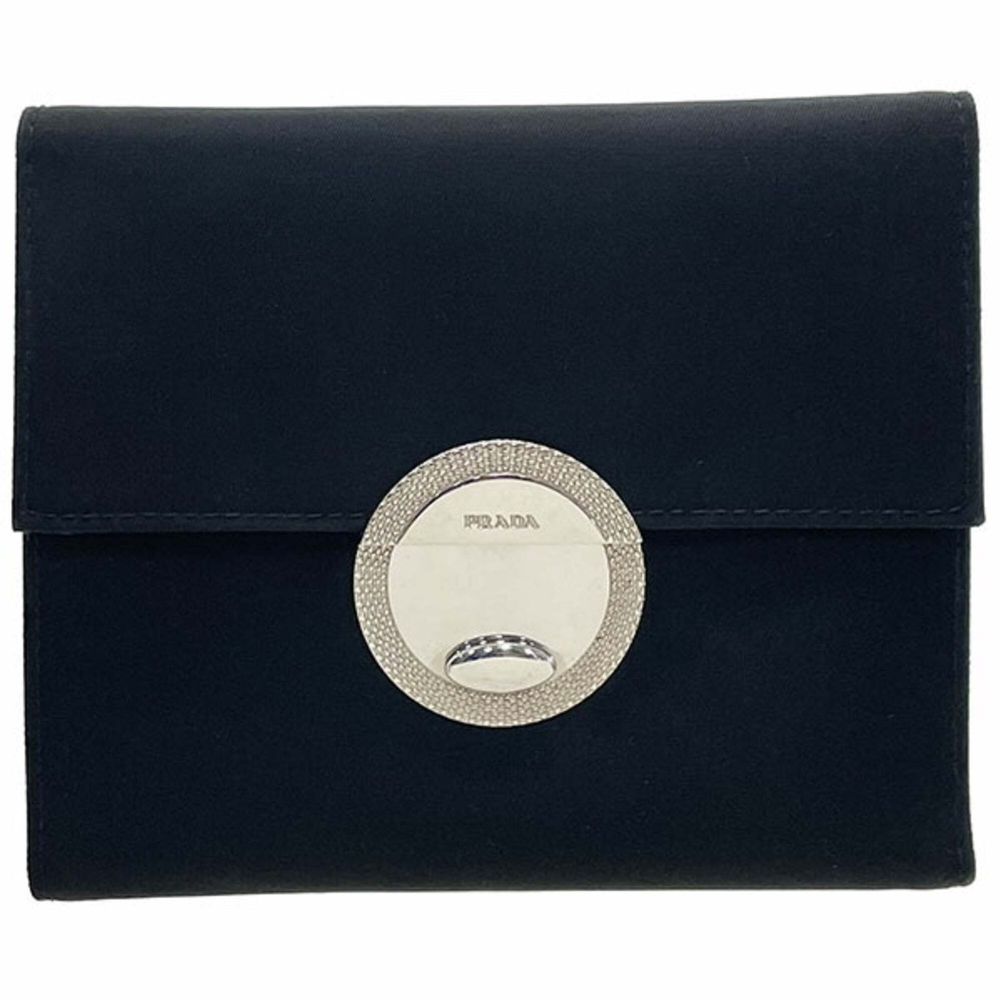 Prada Round Plate Tri-Fold Wallet, Nylon, Black, Prada Compact Wallet Nero Hw...